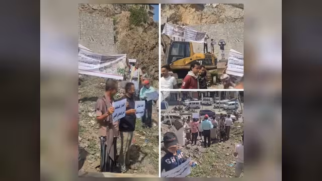 تعز: وقفة احتجاجية لسكان حي المناخ للمطالبة بإنقاذ منازلهم المهددة بالانهيار