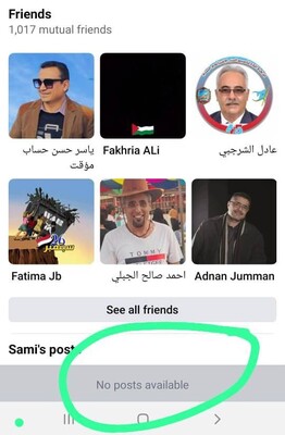لقطة شاشة تشير إلى نتيجة غير دقيقة في فيسبوك بعدم وجود منشورات على صفحة سامي غالب