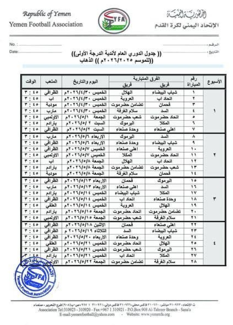 جدول الدوري العام للإندية الدرجة الأولى 